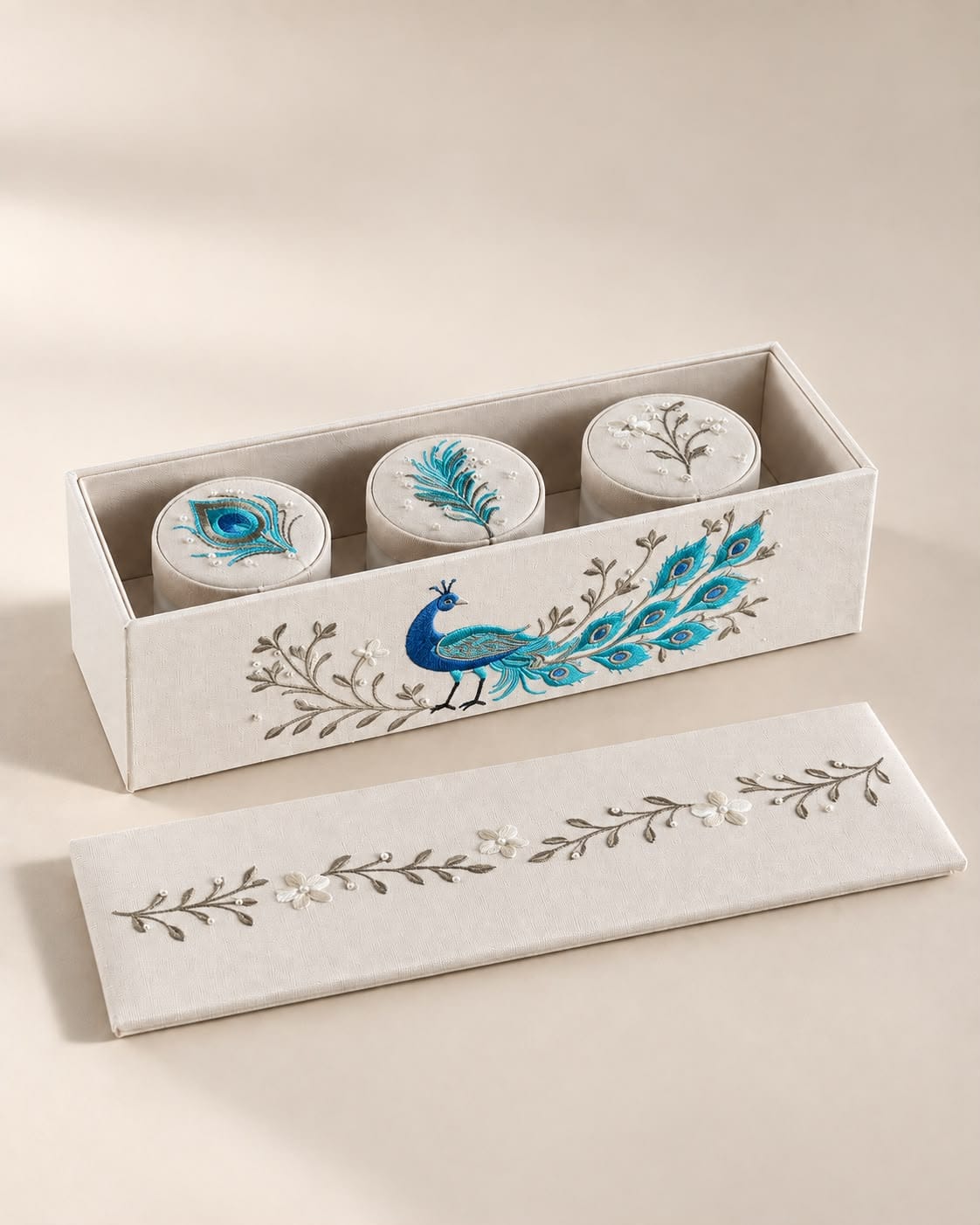 Peacock Embroidered Linen Container